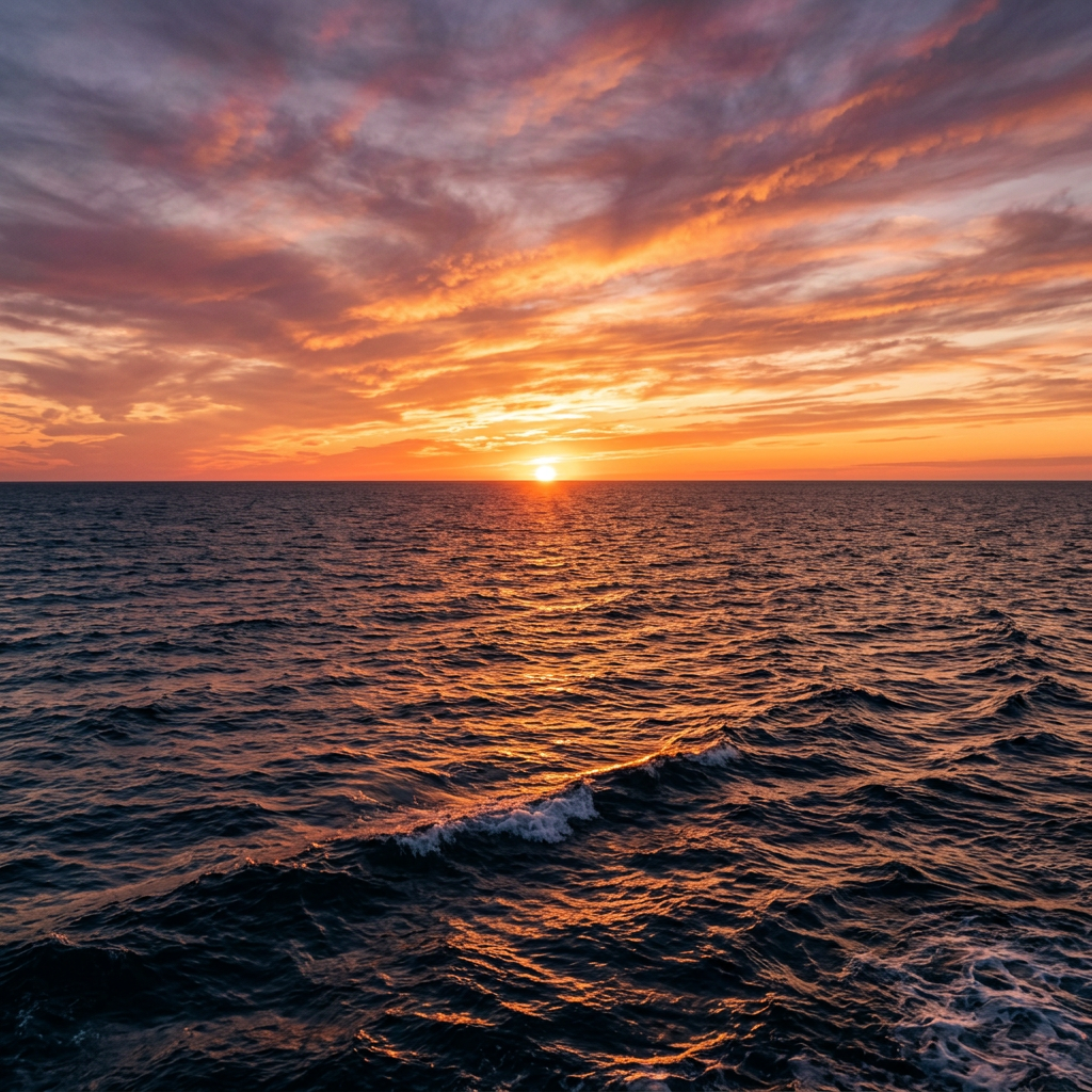 Sun setting over ocean with colorful orange and purple clouds
